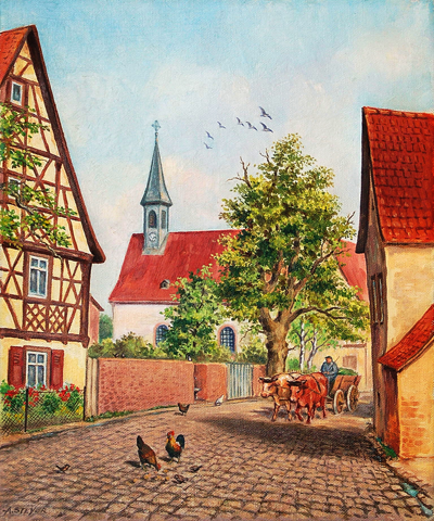 Gemälde von Alois Steyer: Kapelle mit Linde und Kuhfuhrwerk.