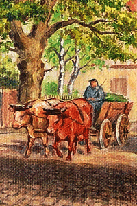 
            Kuhfuhrwerk, Detail aus einem Gemälde von Alois Steyer